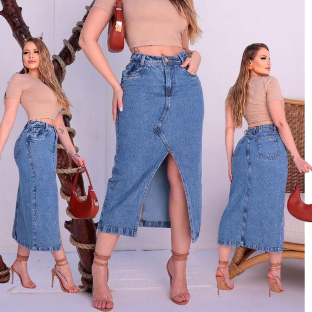 Saia Jeans Feminina Longa Cintura Alta Evangélica Midi Com Abertura