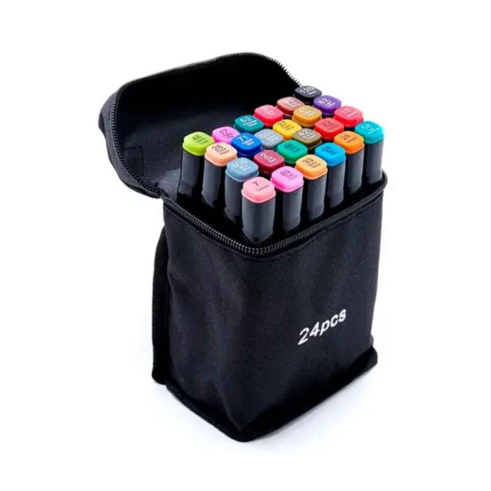 Maleta De Canetinhas Coloridas 24 Cores Para Desenho Marcador Profissional e Escolar Duas Pontas Hidrográfica Touch
