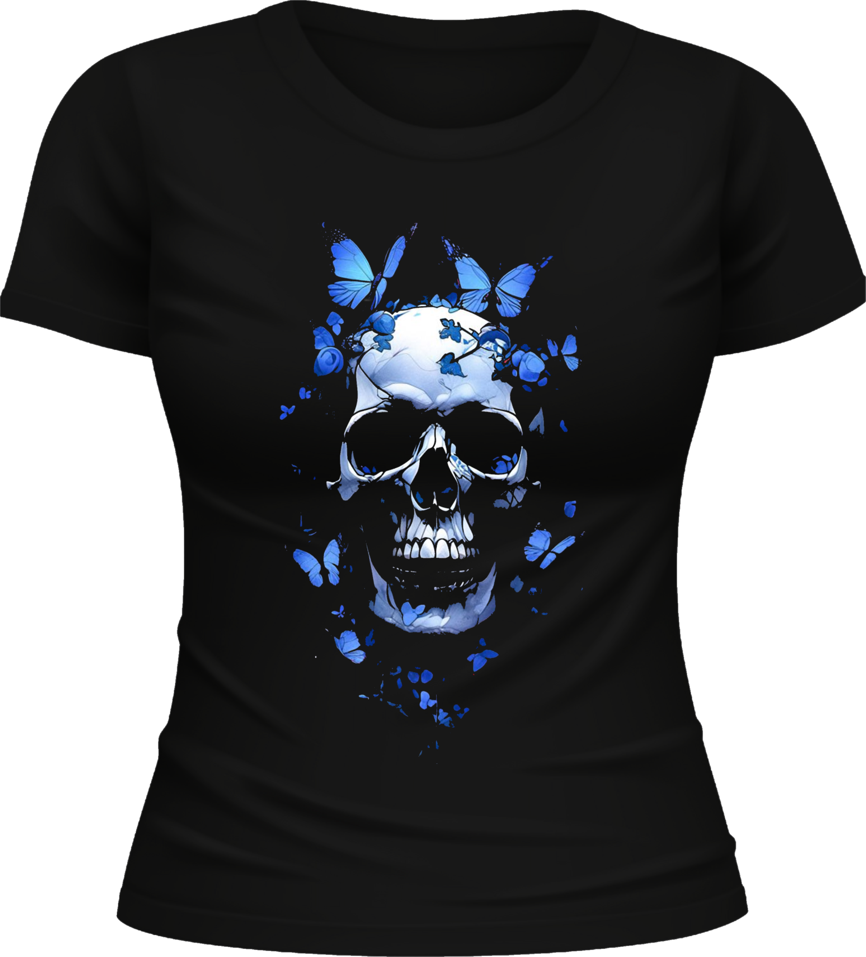 BABY LOOK CAVEIRA E BORBOLETAS AZUIS