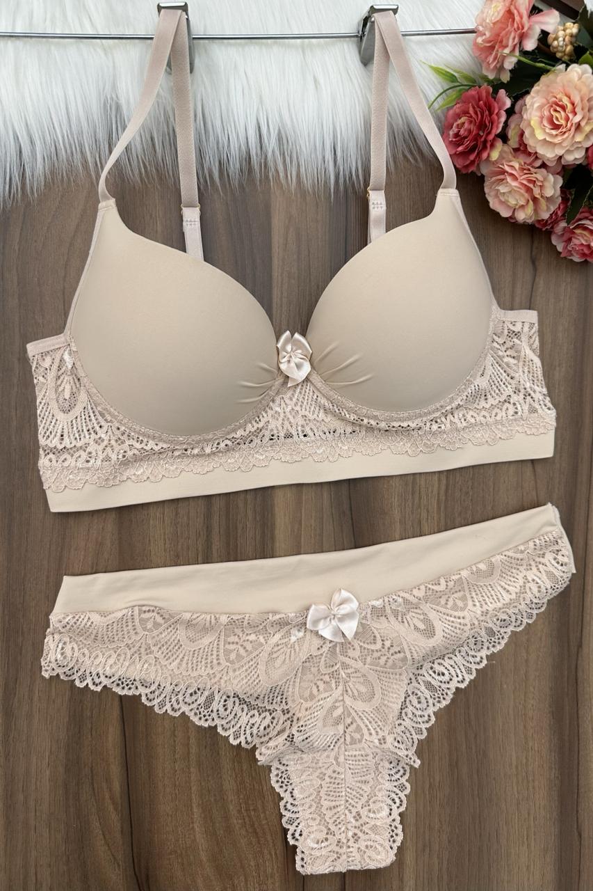 Conjunto com bojo e aro em microfibra de poliamida com renda - CJ152