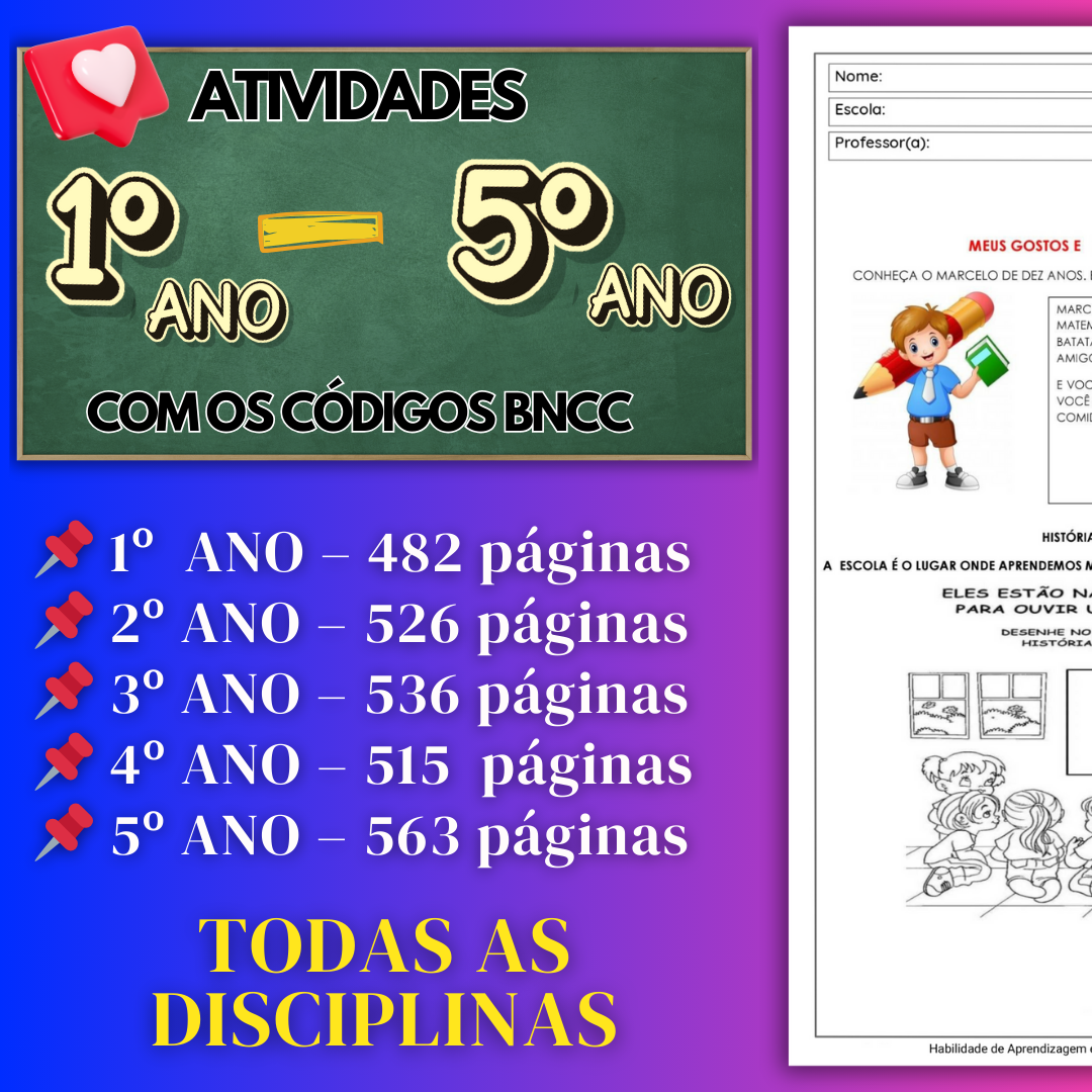 KIT 1º AO 5º ANO - ATIVIDADES BNCC + DE 2600 PÁGINAS + 60 BÔNUS