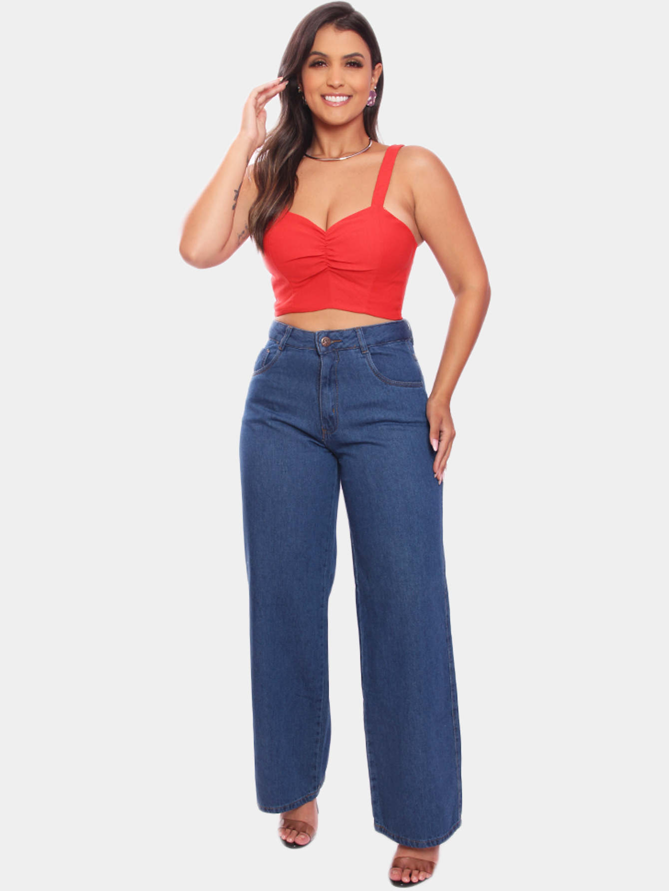 Calça Feminina Jeans Wide Leg Cintua Alto Cor Azul Escuro Lisa Básica