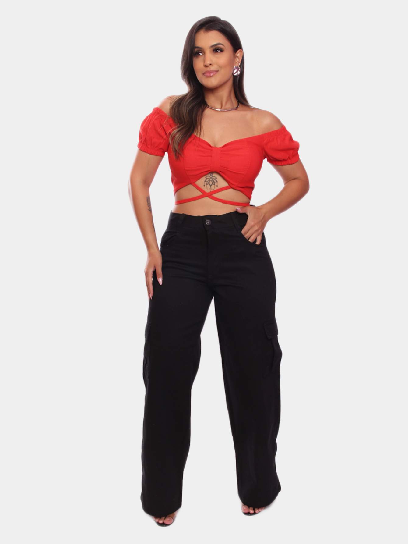 Calça Cargo Feminina Jeans Wide Leg Com 6 Bolso Cintua Alto Cor Preta Lisa Básica