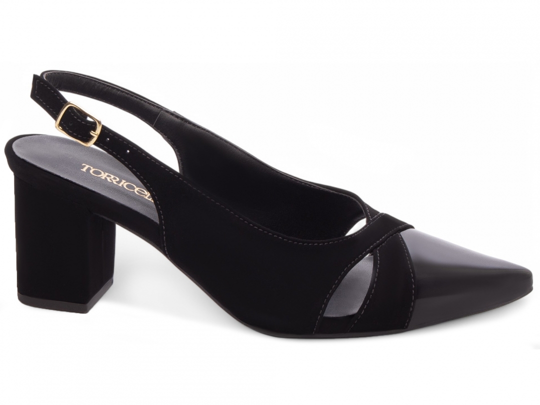 Sapato Scarpin Salto Bloco Baixo Verniz Preto e Nobuck Preto