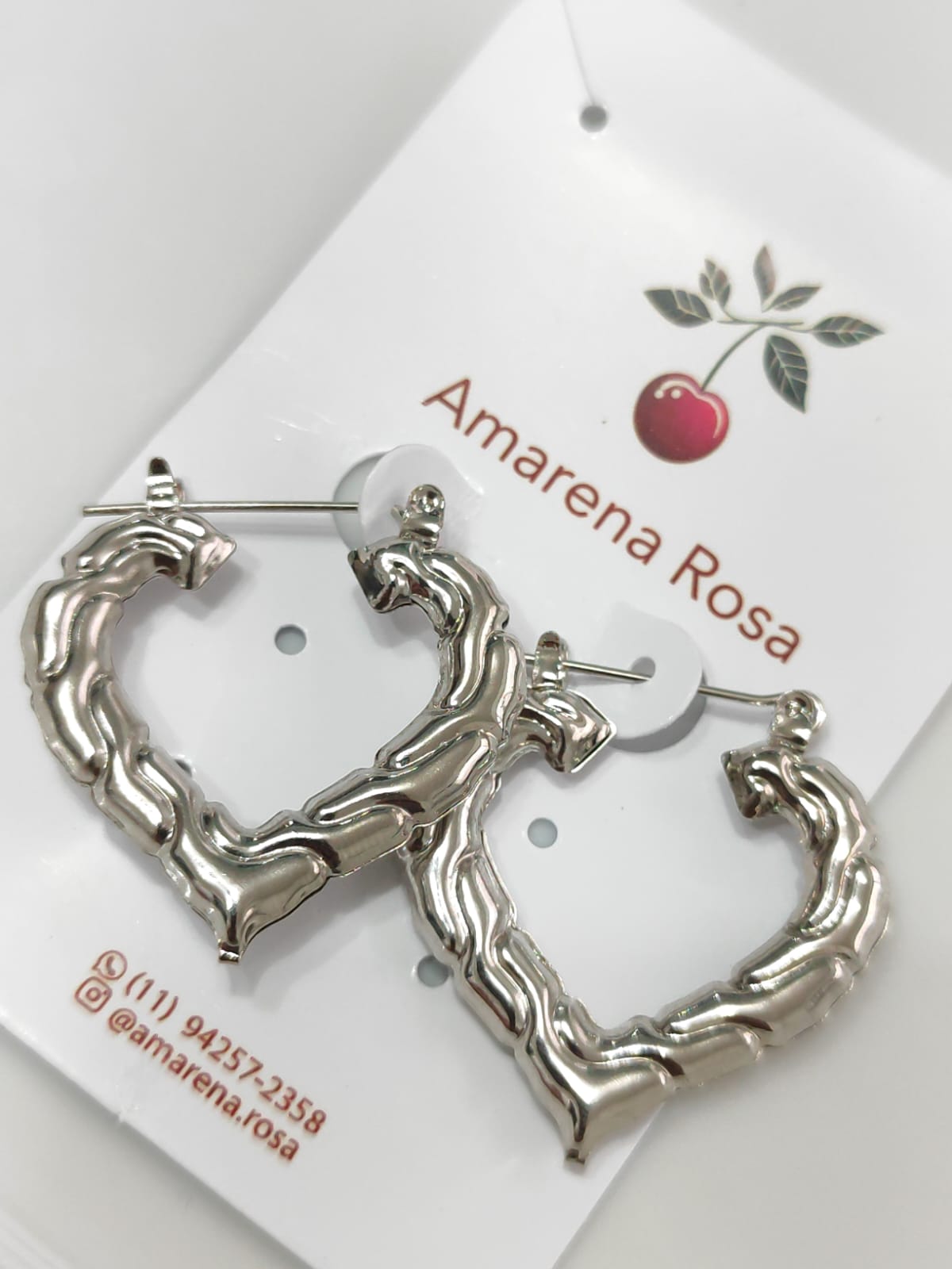 Argola Coração Bamboo Prata