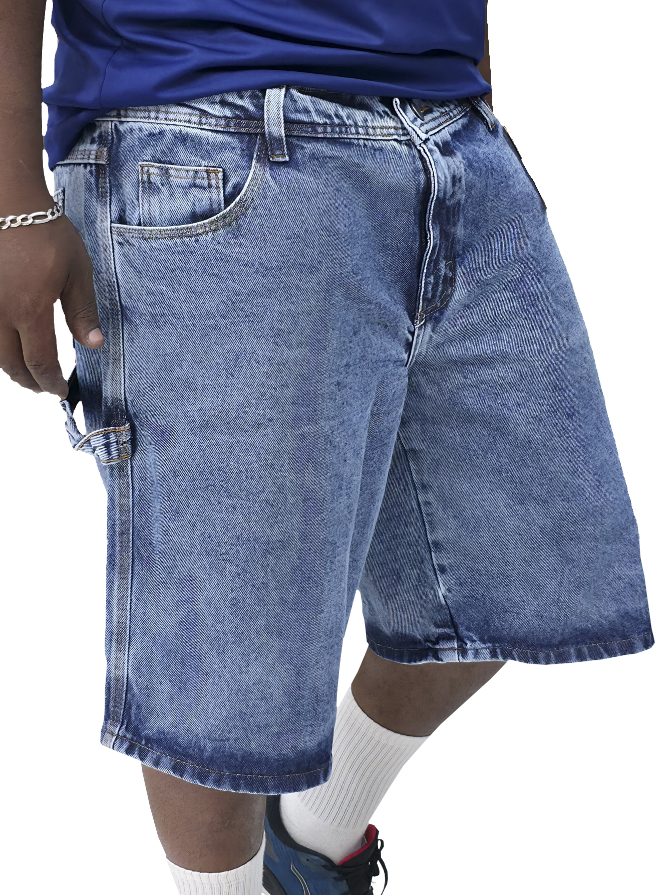 Bermuda Jeans Oversize Masculino Perna Larga e Baixa da Joelho Tecido Groso e  Lisa Basica Azul Marmorizada