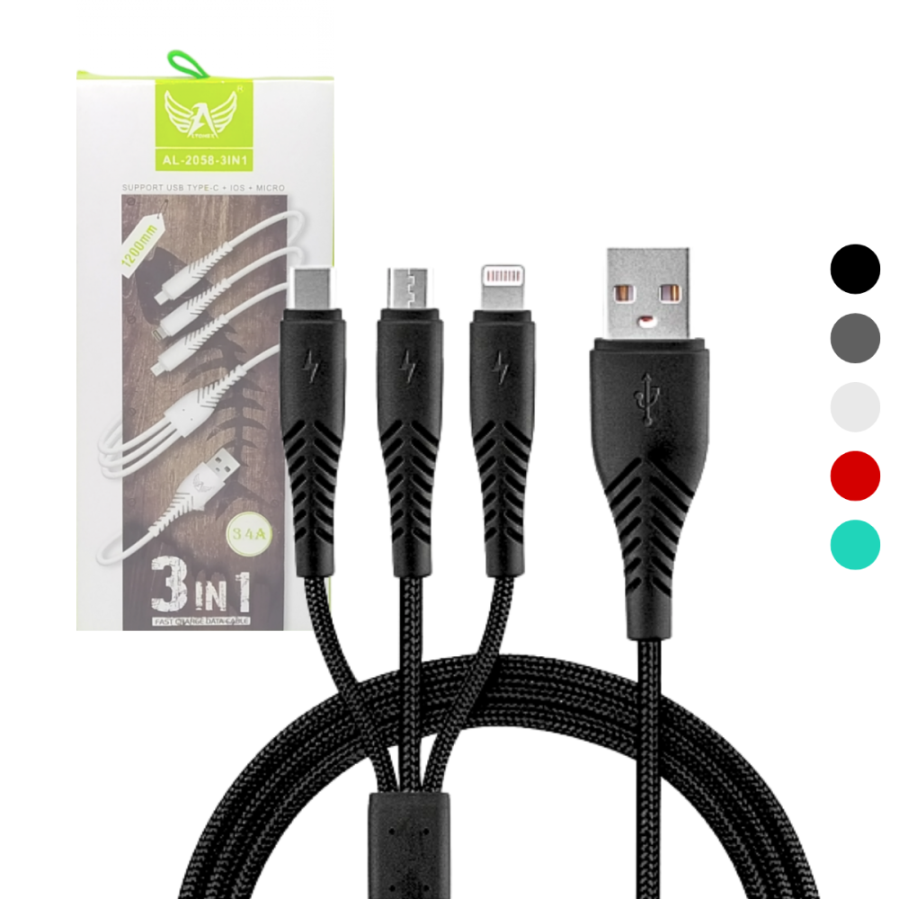 Cabo Carregador 3 in 1 conexão Tipo-C / V8 / Lightning de 1,2m 3.4A