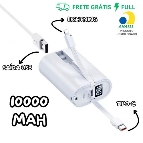 CARREGADOR PORTÁTIL POWERBANK 10000 MAH TURBO BRANCO KAIDI KD-01P