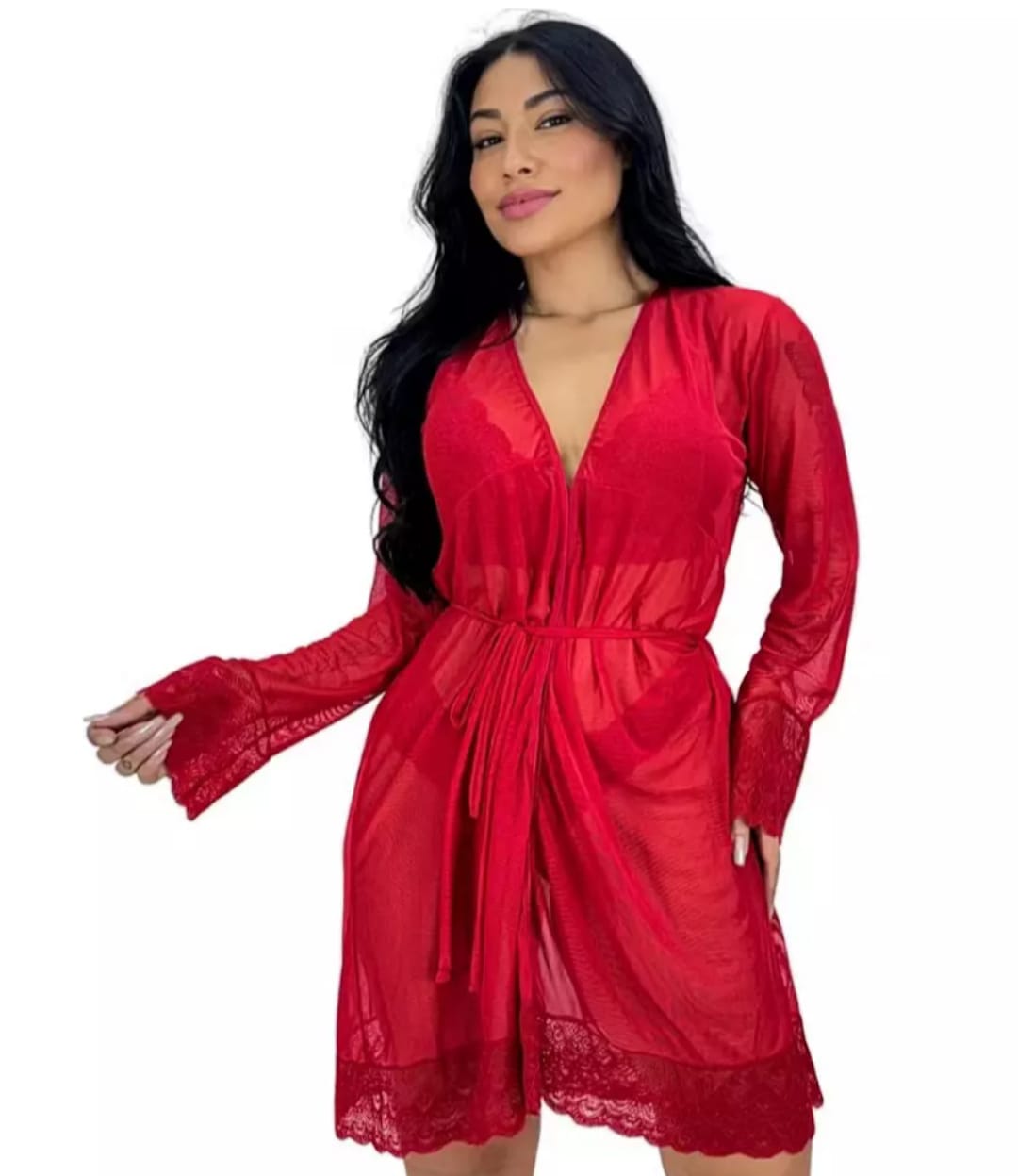 ROBE MANGA LONGA EM TULE TRANSPARENTE COM DETALHES EM RENDA