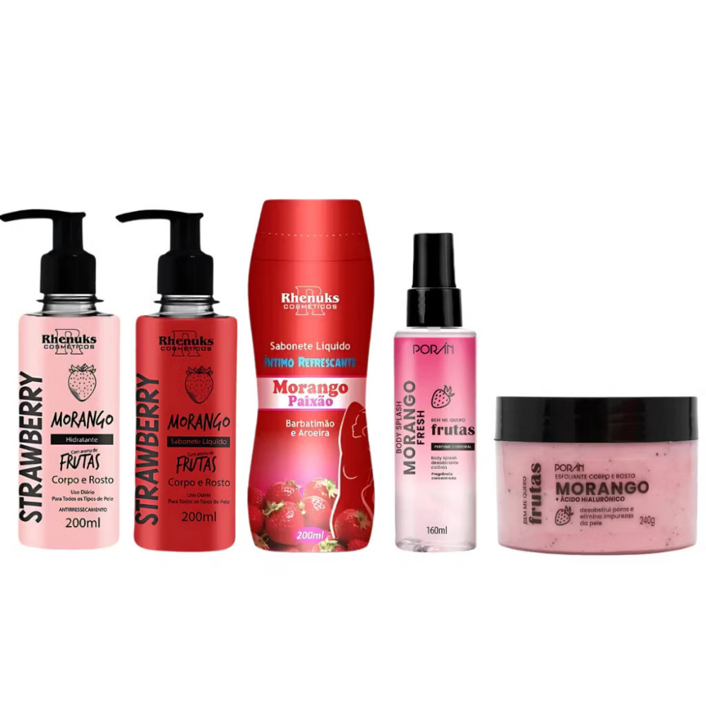 Kit Corporal Completo Morango 5 Prod. - Sabonetes, Hidratante, Esfoliante, Body Splash