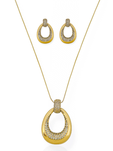 Conjunto Colar e Brincos Dourados com Zircônias   Design Oval Luxuoso