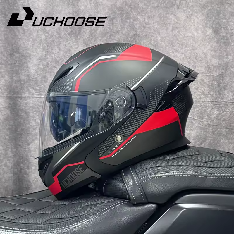 Capacete Preto/Vermelho Escamoteável Flip Up Com Viseira Dupla
