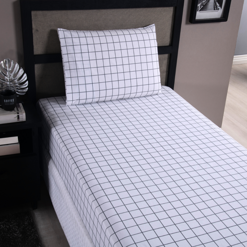 Jogo de Cama Lençol Solteiro 2 Peças Tecido Percal 200 Fios Grid