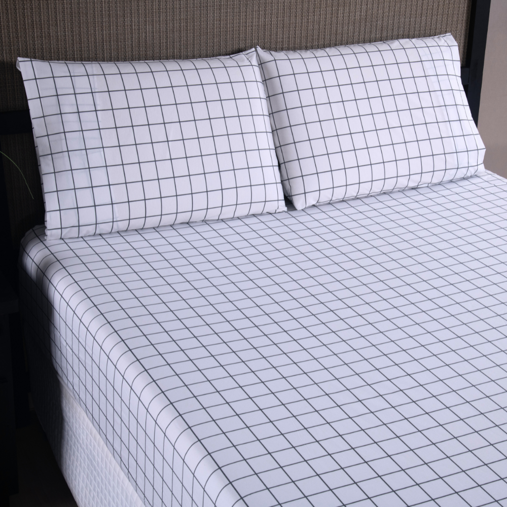Jogo de Cama Lençol Queen 3 Peças Tecido Percal 200 Fios Grid