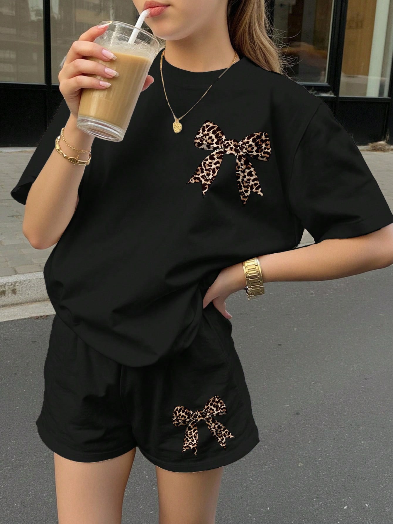 Kit 2 Peças - Conjunto Top de Manga Curta e Shorts para Meninas 4