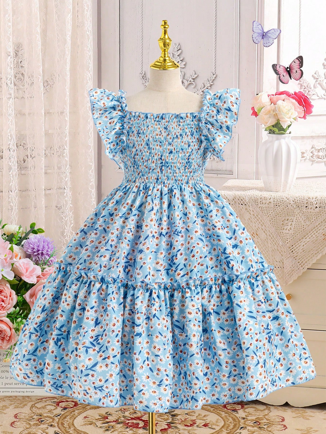 Vestido Com Estampa Floral Miúda com Mangas Plissadas com Laço