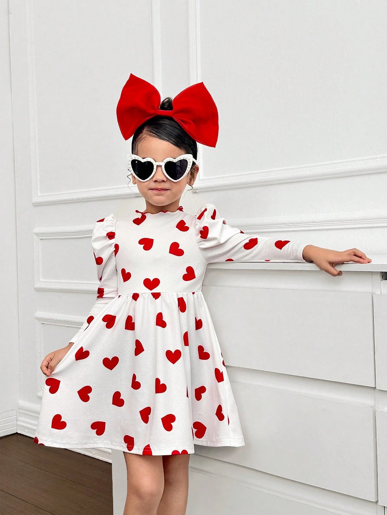 Vestido Casual de Manga Longa Gola Redonda com Estampa de Coração