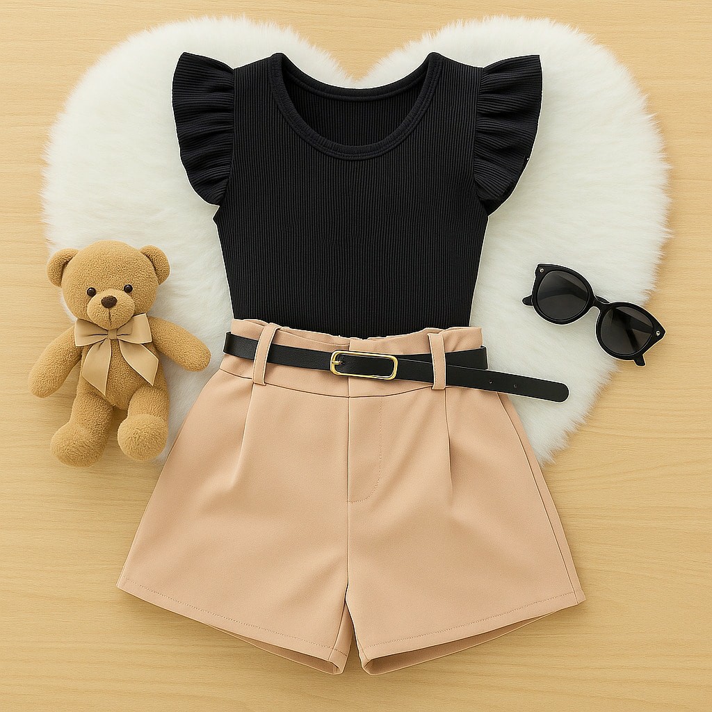 Conjunto Infantil Feminino   Blusa + Short Alfaiataria com Cinto