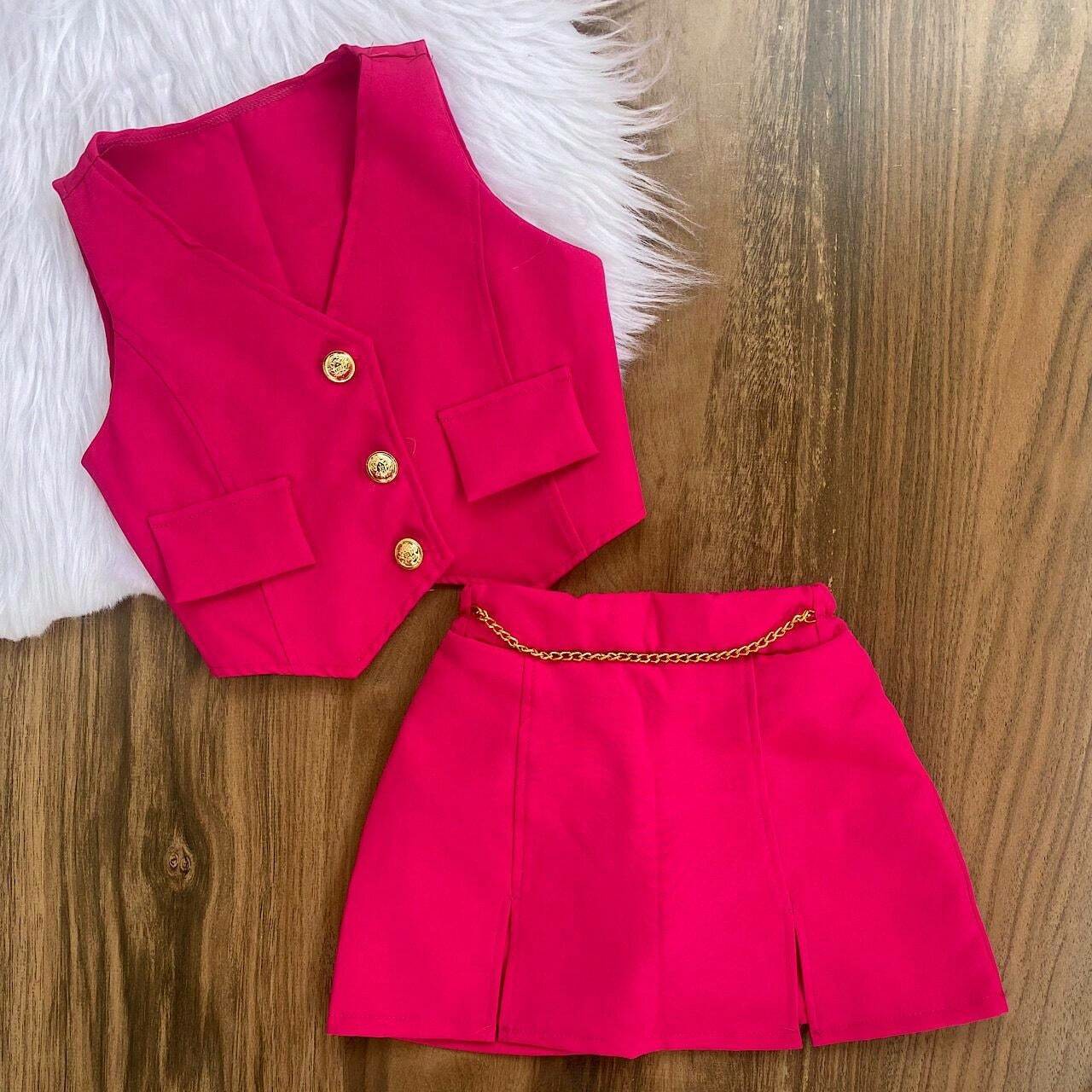 Conjunto Infantil Feminino   Colete + Short Saia Estilo Blogueirinha