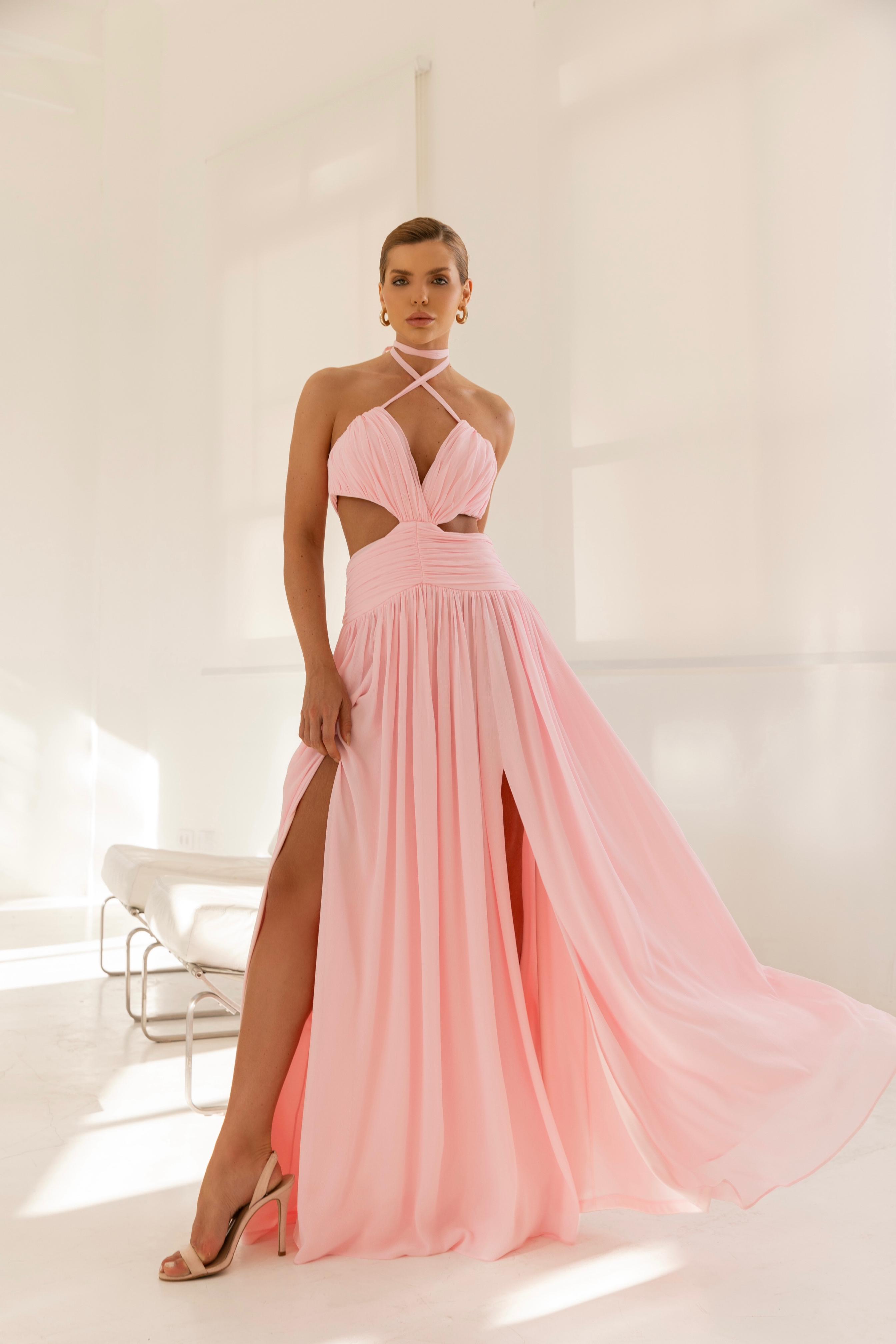 VESTIDO CHIFFON VAZADO NA CINTURA E DRAPEADO-CLOSET DELUXE