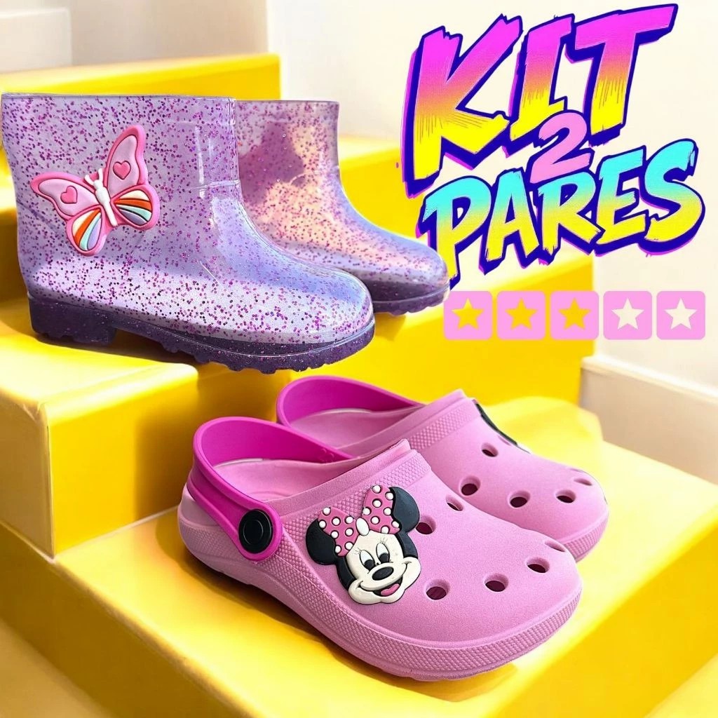 Kit 2 Pares de Galocha e Sandália Infantil Menina Confortável e Anti-Derrapante