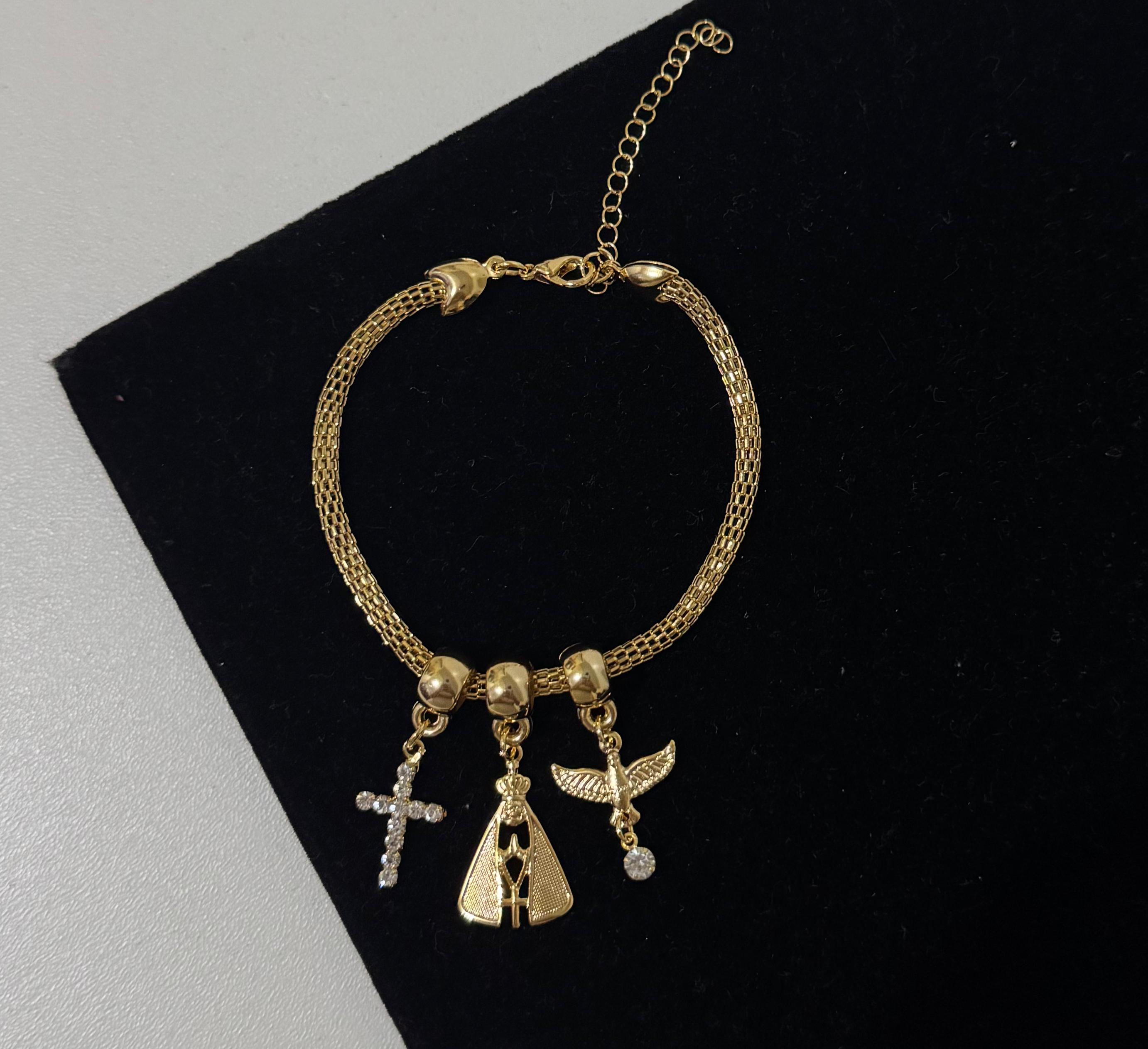 PULSEIRA FEMININA FOLHEADA A OURO 18K 3 BERLOQUES NOSSA SENHORA LAMINADA