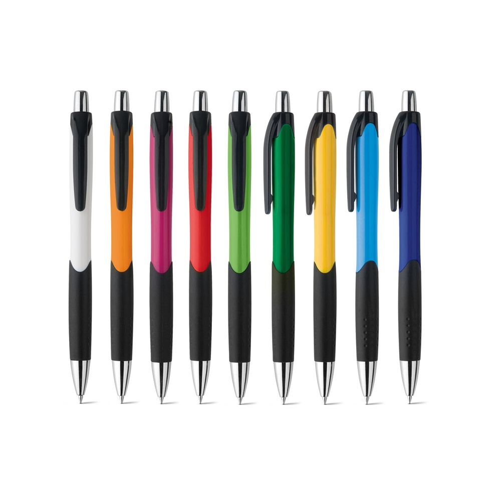 Esferográfica em ABS com grip e acabamento brilhante   Escrita Azul