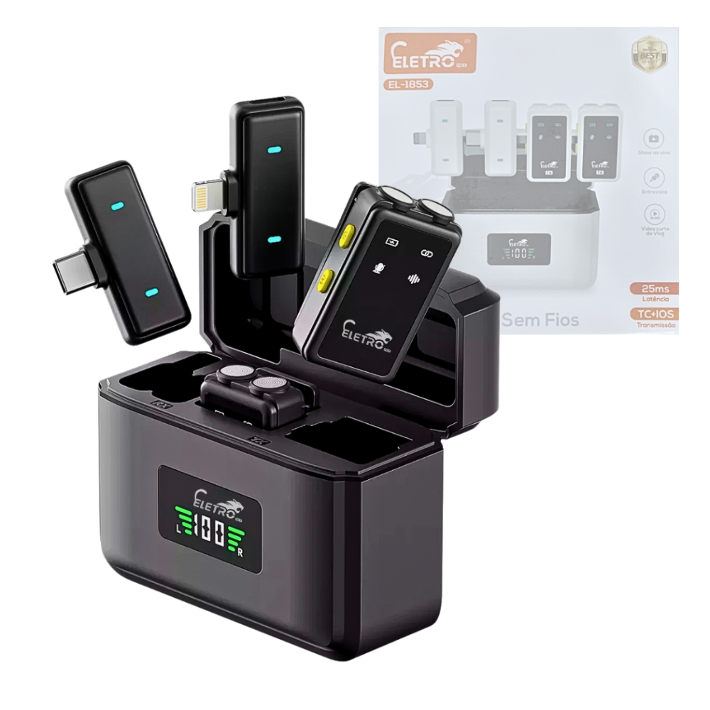 Microfone de Lapela Sem Fio Conexão Tipo-C e Lightning com Redução de Ruído