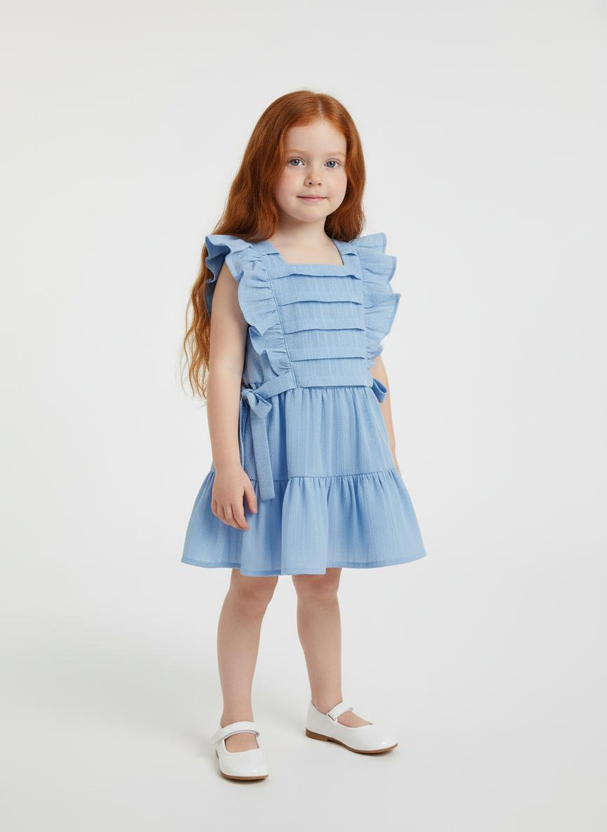 Vestido Azul Drapeado com Babado e Laços na Cintura