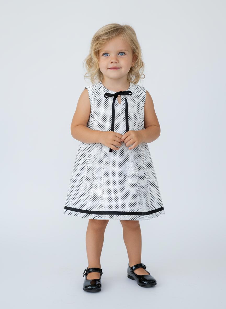 Vestido Trapézio Poá Branco e Preto