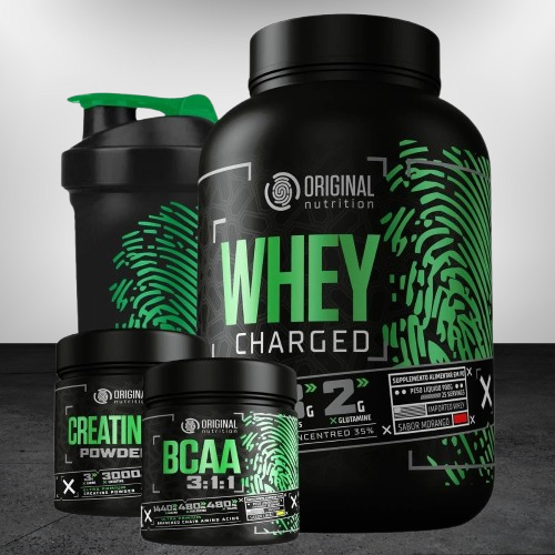 Kit Whey Protein Charged Original + Bcaa + Creatina + Shaker - Melhor custo benefício