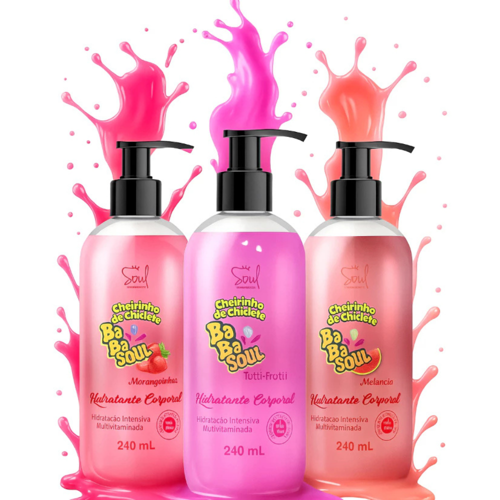 Kit com 3 Hidratantes Babasoul Soul Cosméticos   Explosão de Sabores Frutados (240ml)