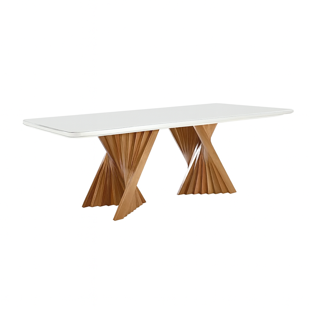 Mesa de Jantar Palens | Madeira Maciça Amêndoa Tampo com Vidro Branco