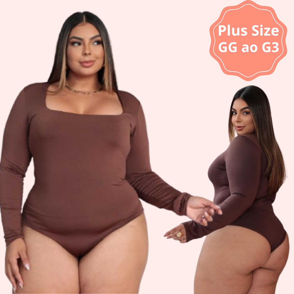 Kit 2 Body Feminino Manga Longa Decote Quadrado Plus Size Suplex Moda Inverno Confortavel Bori com Fecho