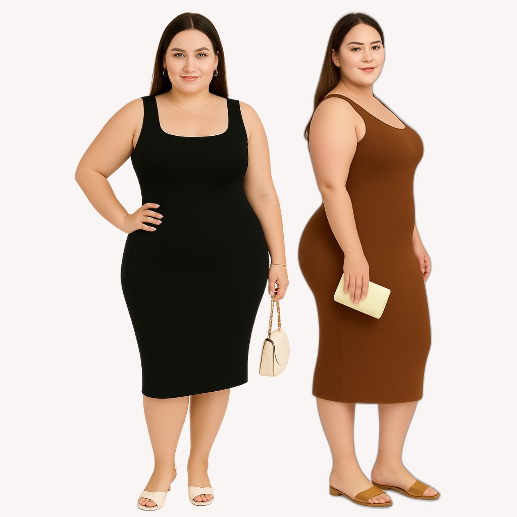 Kit 2 Vestido Feminino Plus Size Midi Alça Regata Modelado Decote Quadrado GG ao G3 Anarruga