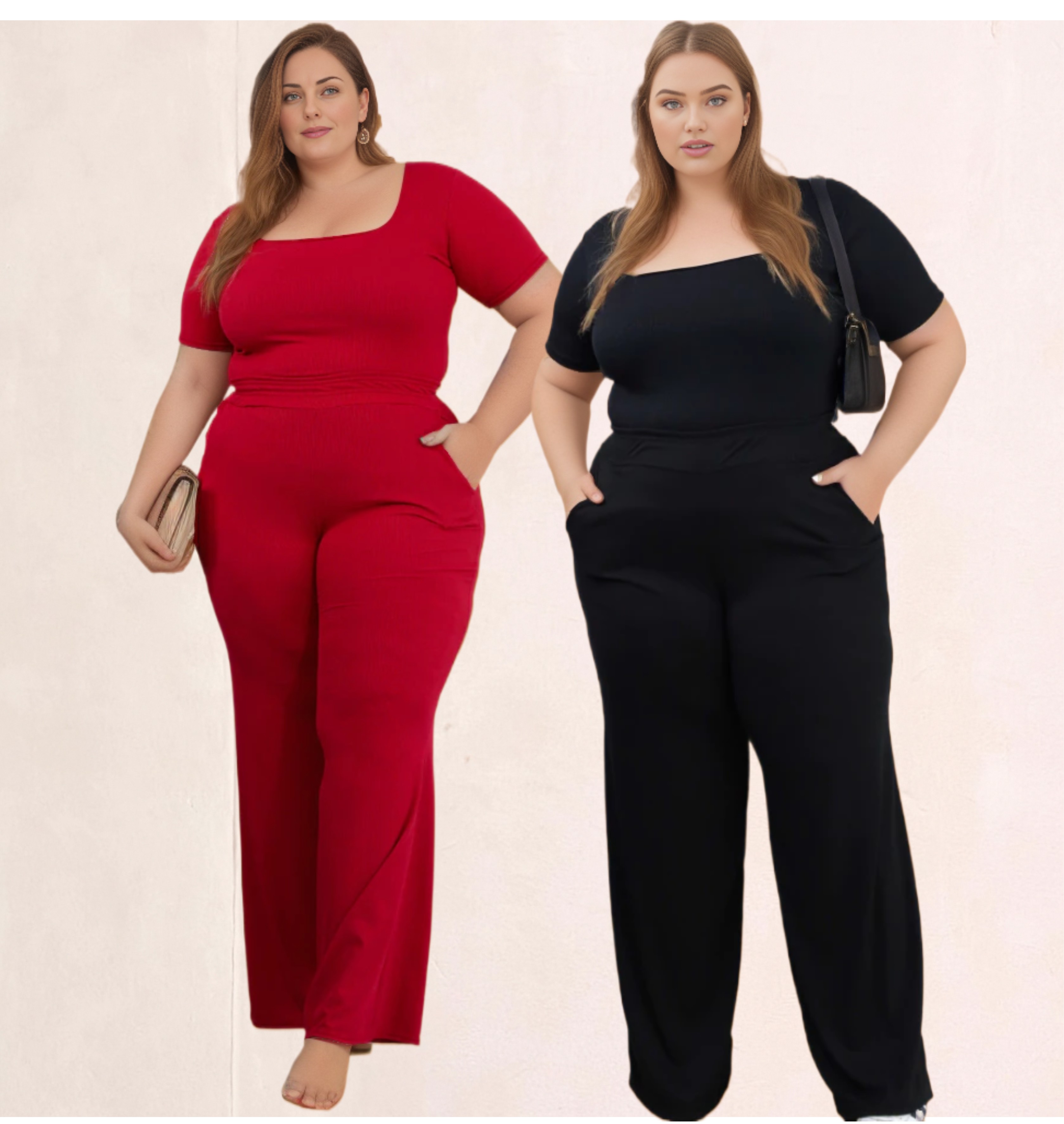 Kit 2 Conjuntos Plus Size Feminino Blusa Decote Quadrado e Calça Pantalona WIdeleg do GG AO G3