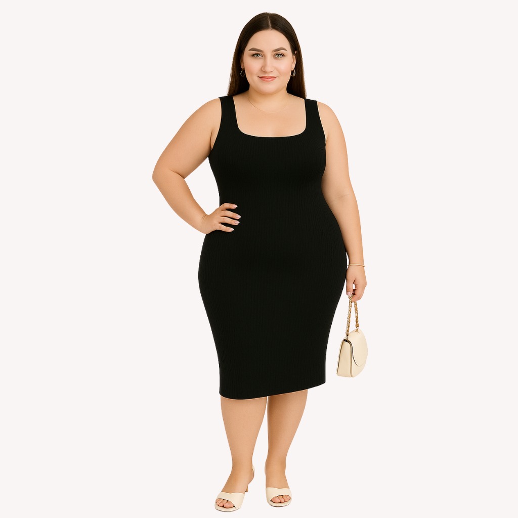 Vestido Plus Size Feminino Midi Canelado Alça Curve Modelador Decote Quadrado Tamanho GG G1 G2 G3