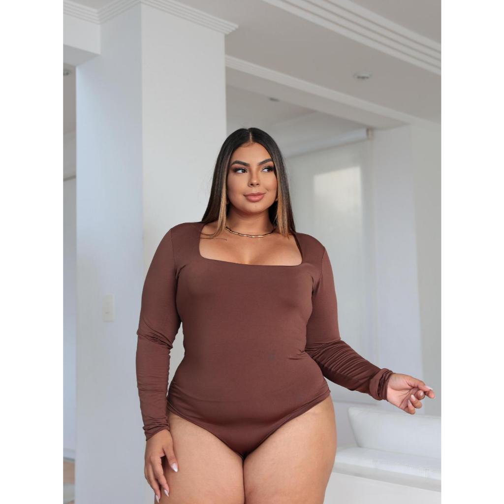 Body Feminino Plus Size Confortavel Manga Longa Decote Quadrado Bori com Fecho