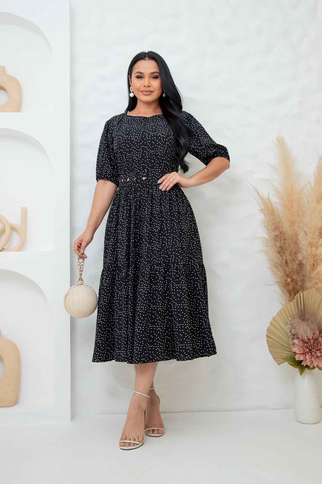 Vestido Poá Midi Manga Curta