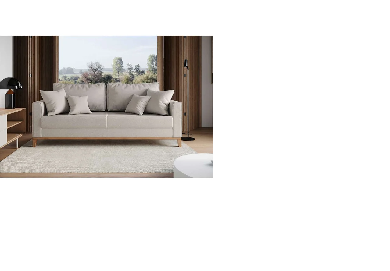 Sofá 3 Lugares Beny Base de Madeira Linho Madeira Deccor Linho Cru