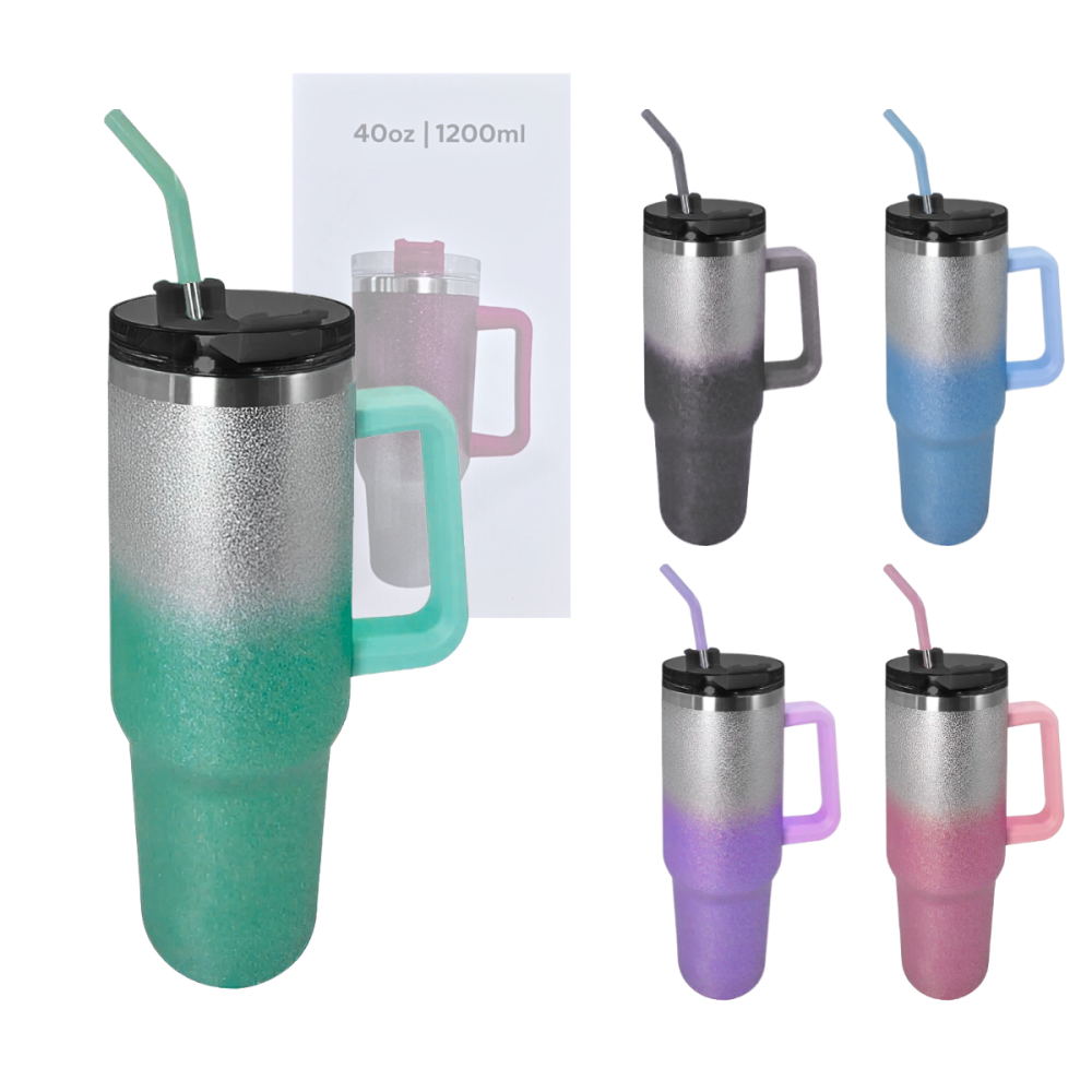 Garrafa Térmica Glitter Degradê 1200 ml Aço Inox com Alça e Canudo