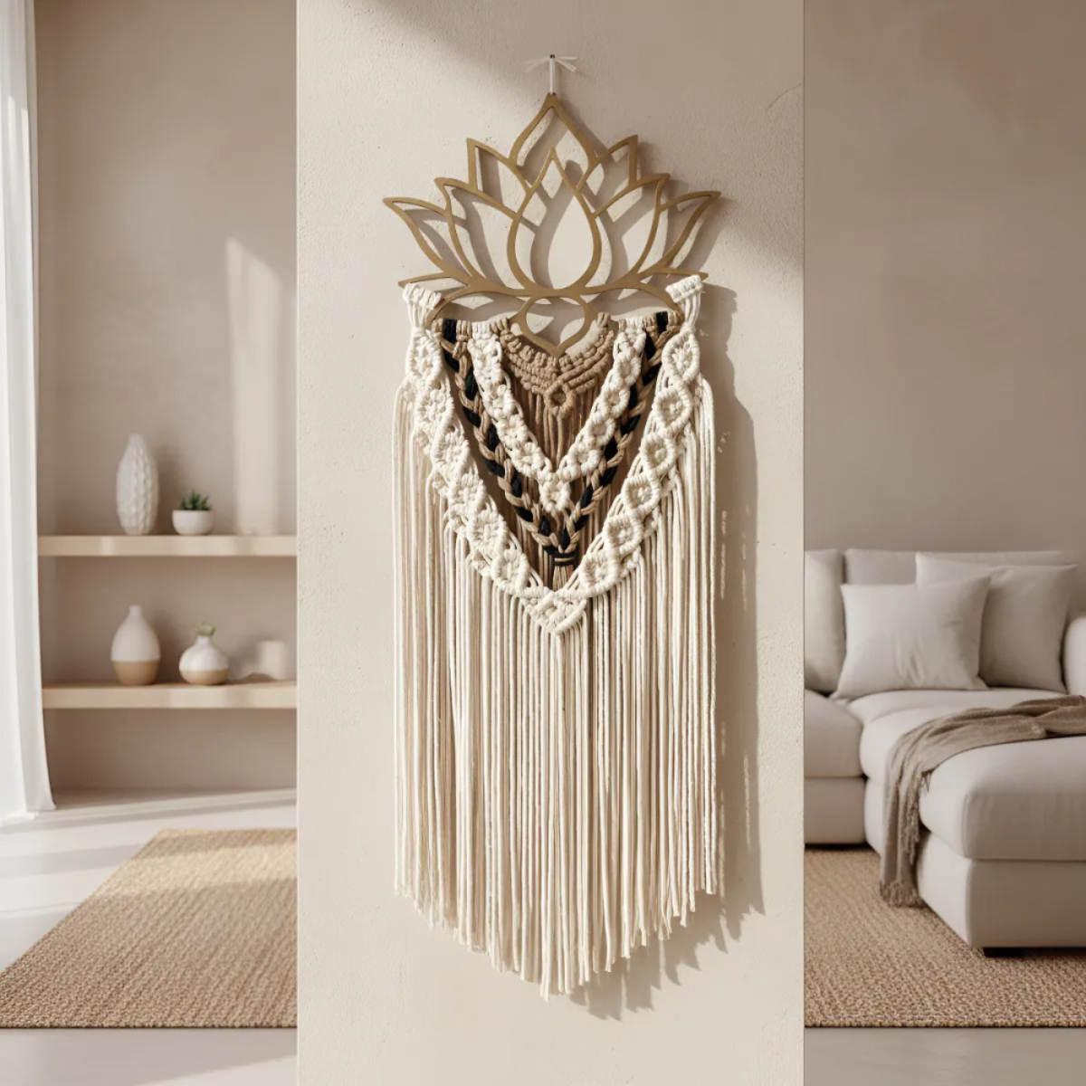 Painel Toque de Lótus em Macramê e Base Dourada em PLA | Decoração Espiritual com 75cm de Altura