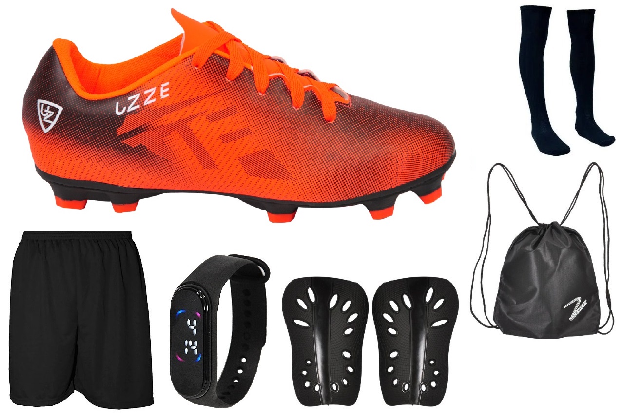 Chuteira UZ Campo Adulto Meião Short Mochila Caneleira Relógio