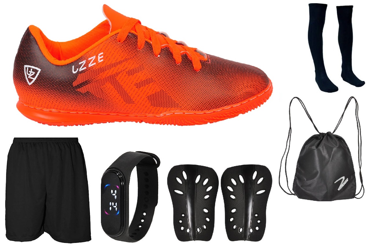 Chuteira UZ Futsal Adulto Meião Short Mochila Caneleira Relógio