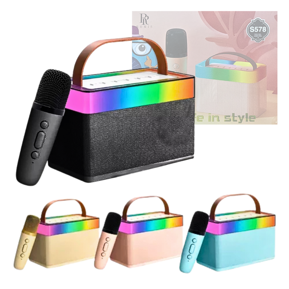 Caixa de Som Mini Karaoke com Microfone Sem Fio Iluminação RGB