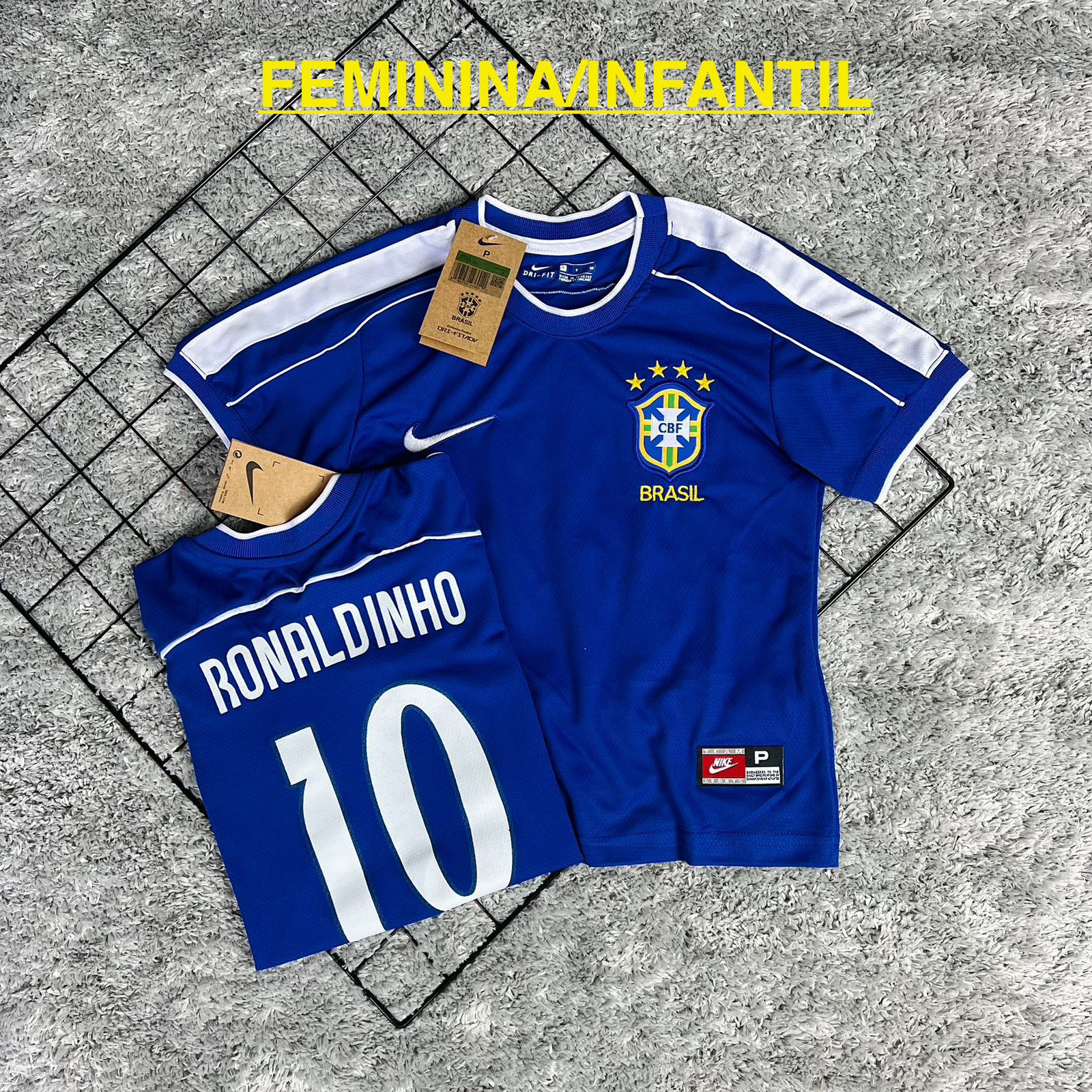 Camisa Seleção Brasileira Azul  Ronaldinho 10 Feminina/Infantil - Retrô