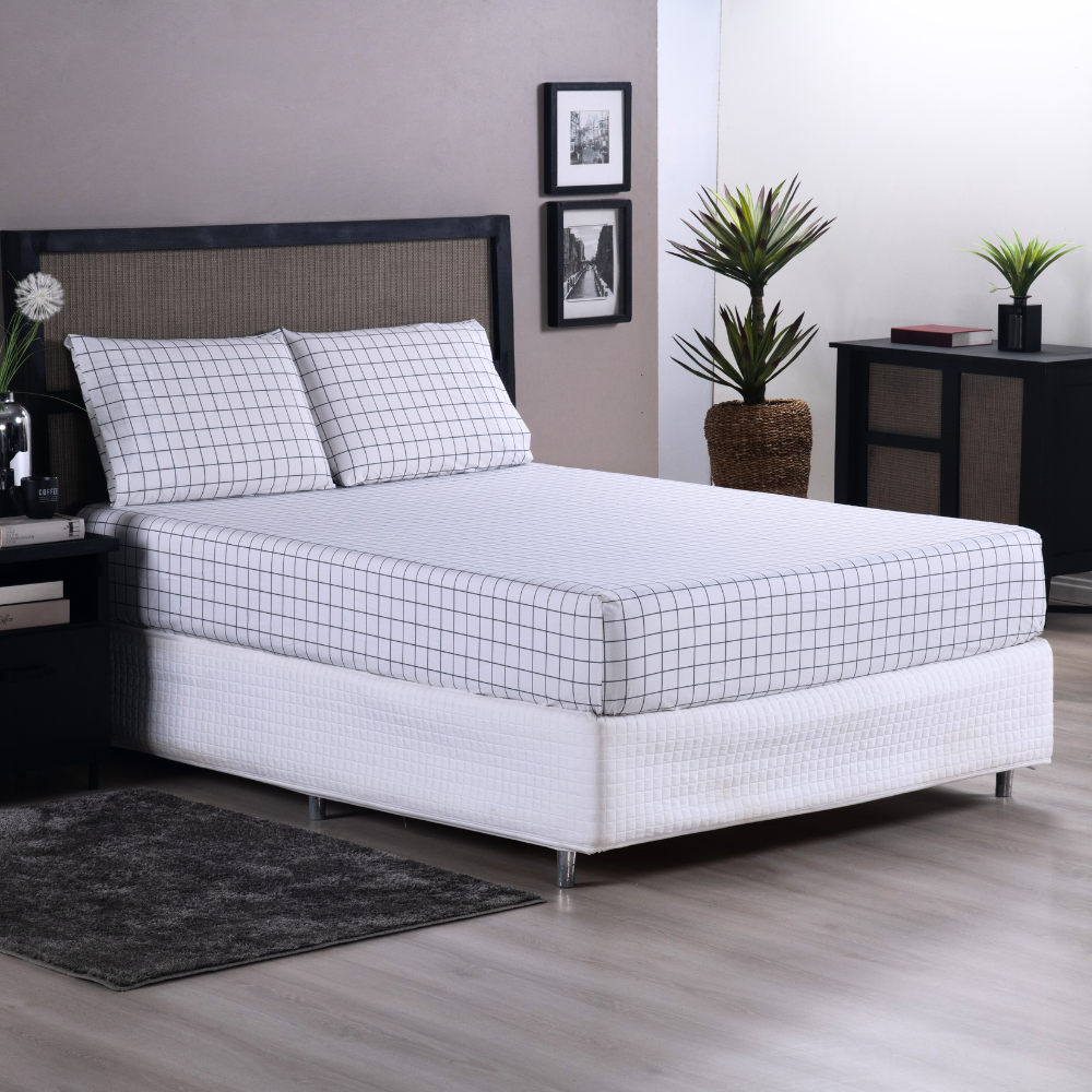 Jogo de Lençol Grid Quadriculado 3 Peças Casal 80% Algodão / 20% Poliéster Percal 200 Fios