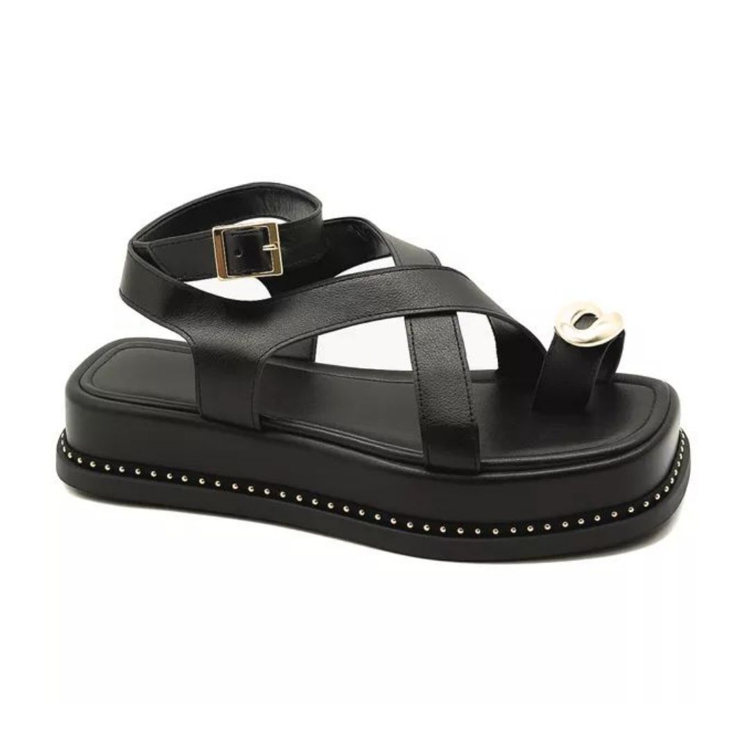 PAPETE FEMININA FLATFORM TIRAS FIVELA 23403 - PRETO