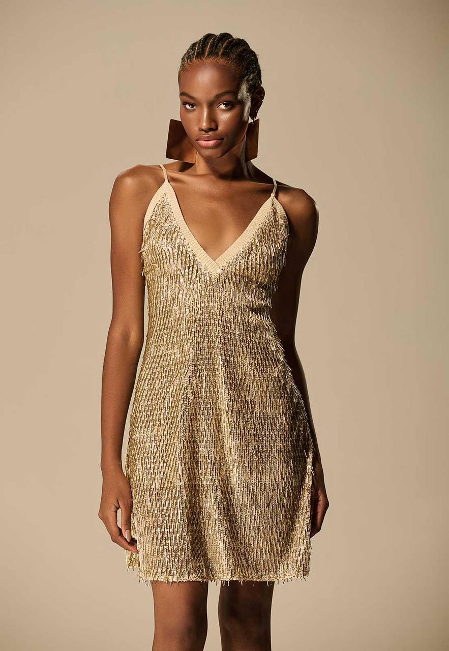 VESTIDO DECOTE V PAETÊ VIDRILHO-CAOS