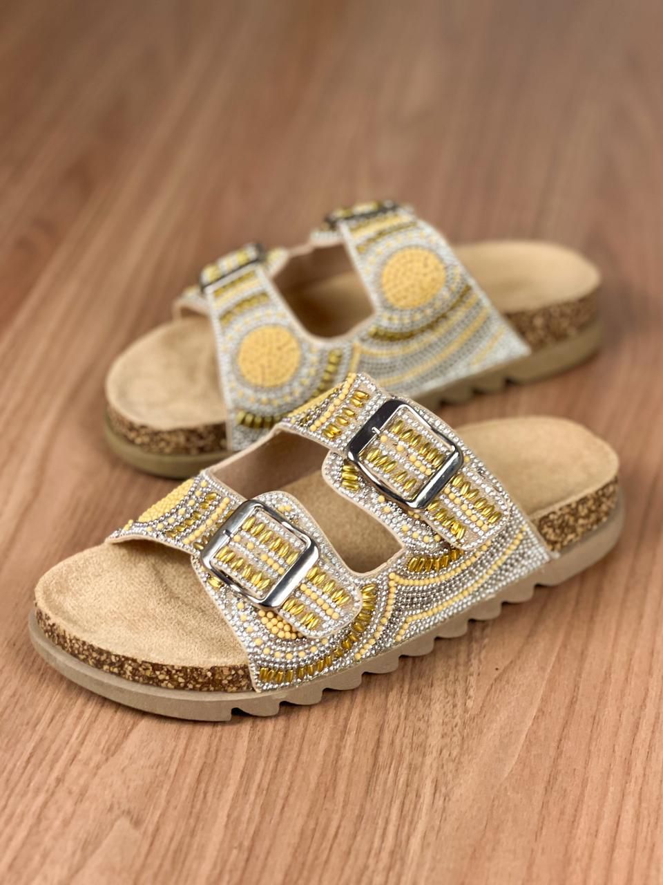 Rasteira Papete Flat Fivelas Strass